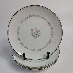 FOUR Noritake China Mayfair Bread Plates 6109 White Pink Roses Gray Scroll